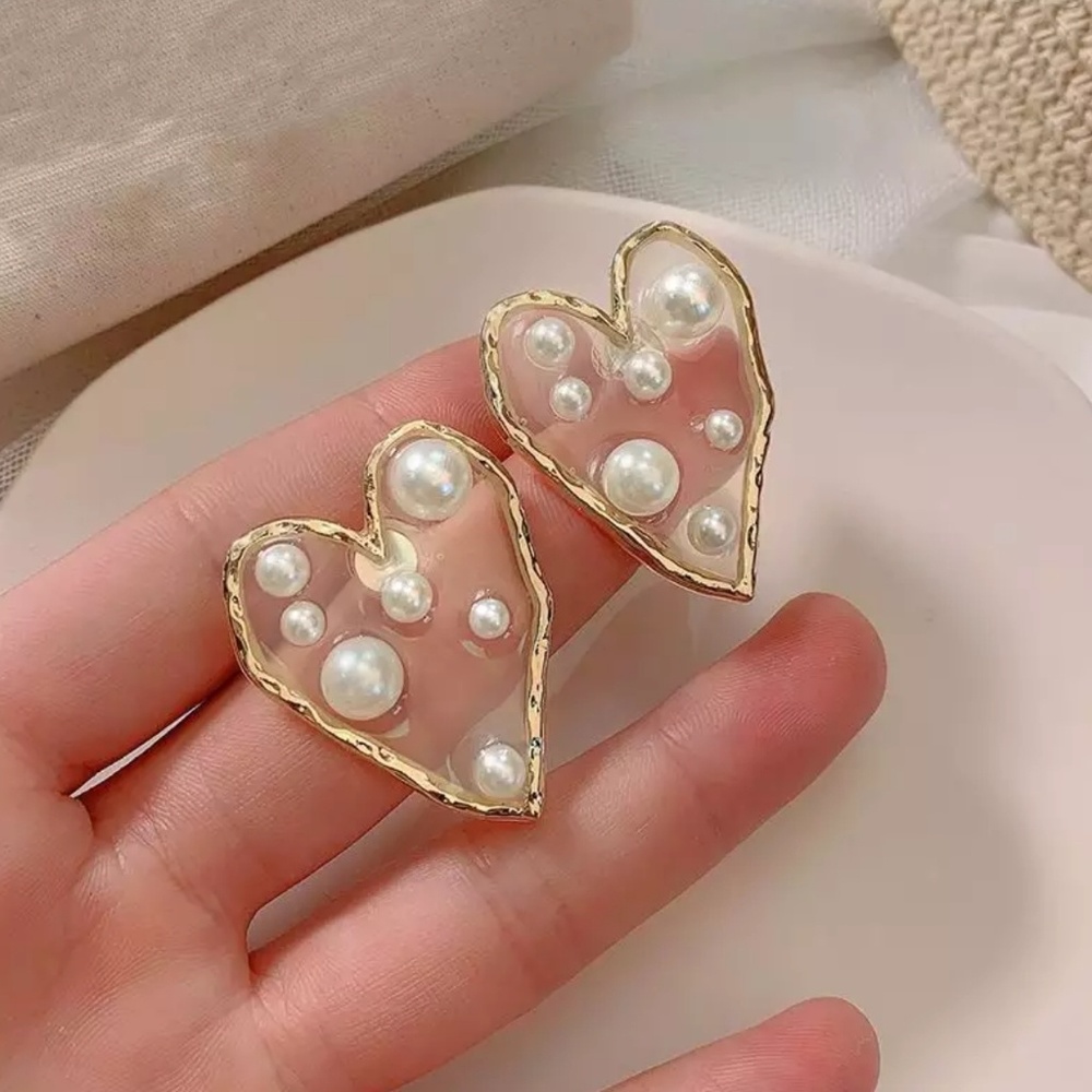Pearl Paved Heart Big Earrings w 925 Silver Needle - Picture 1 of 4